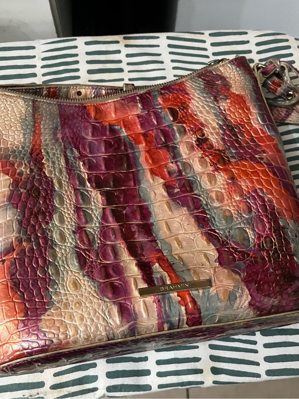 Brahmin Multicolor Croc-Embossed Leather Crossbody — Purple, Red, Cream, Blue
